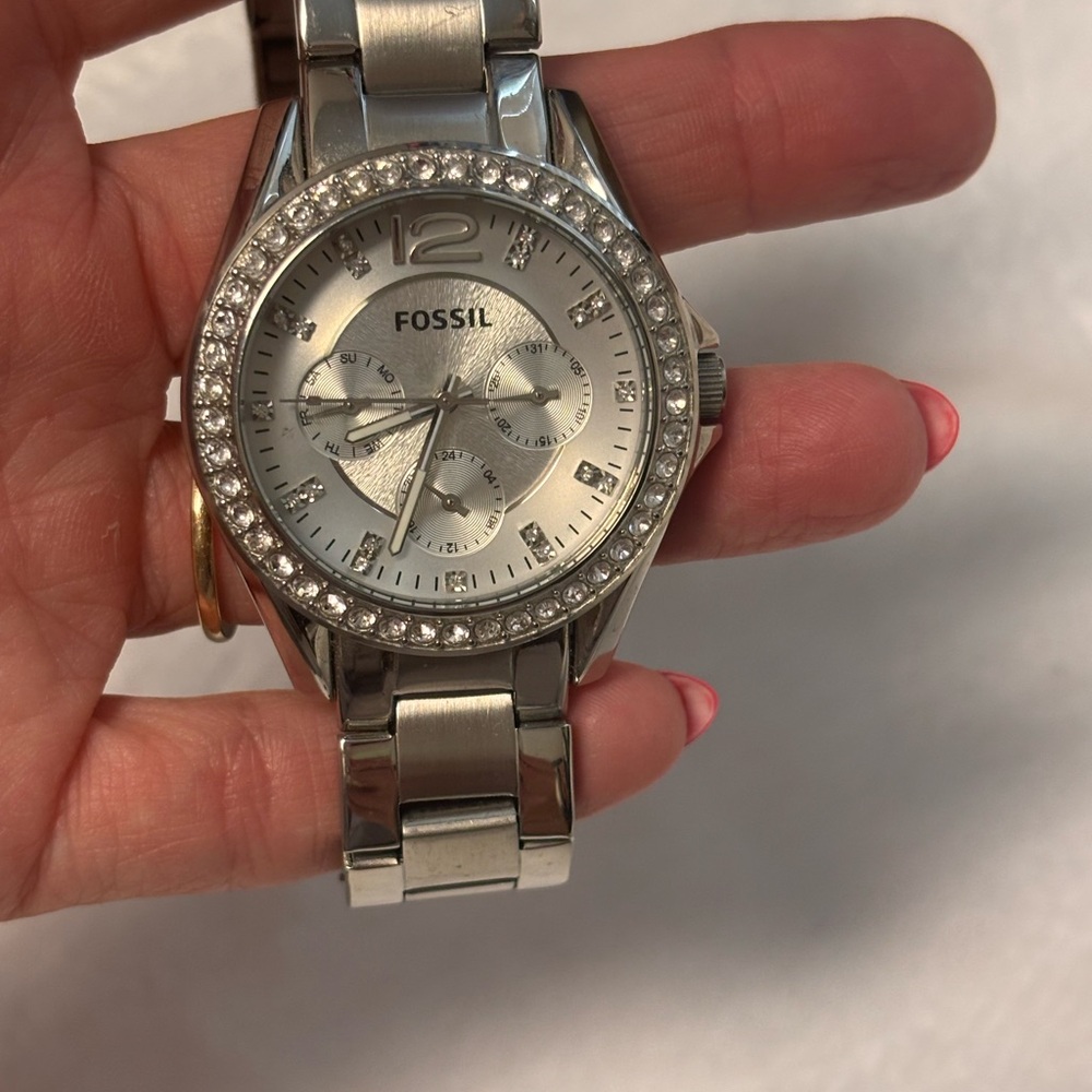Fossil Silver Crystal-Accented Stainless Steel Bracelet Watch
